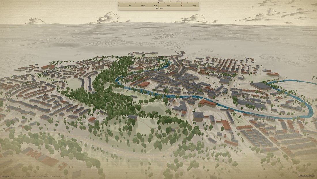 3D map of Morpeth rendered in an engraved antique-cartography style